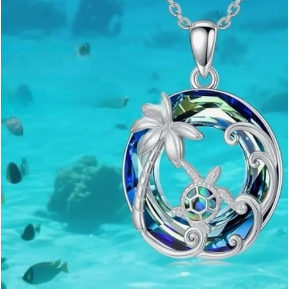 📷💬🩵⏭️NIB Blue Crystal Sterling Silver Sea Turtle Tropical Pendant Necklace